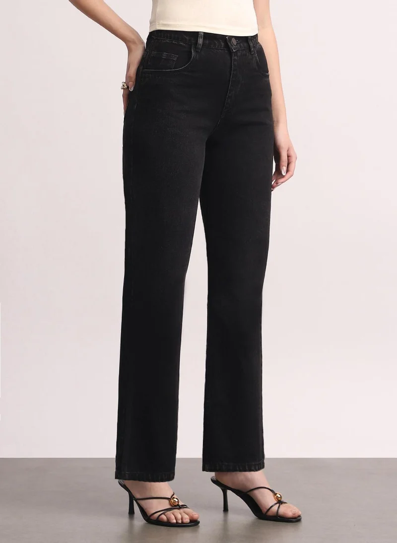 أوربانو فاشن Urbano Fashion Women's Black High Rise Straight Fit Washed Jeans Non-Stretchable